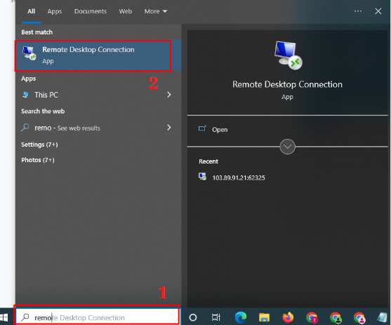 Đăng nhập VPS  tại cửa sổ tìm kiếm Window