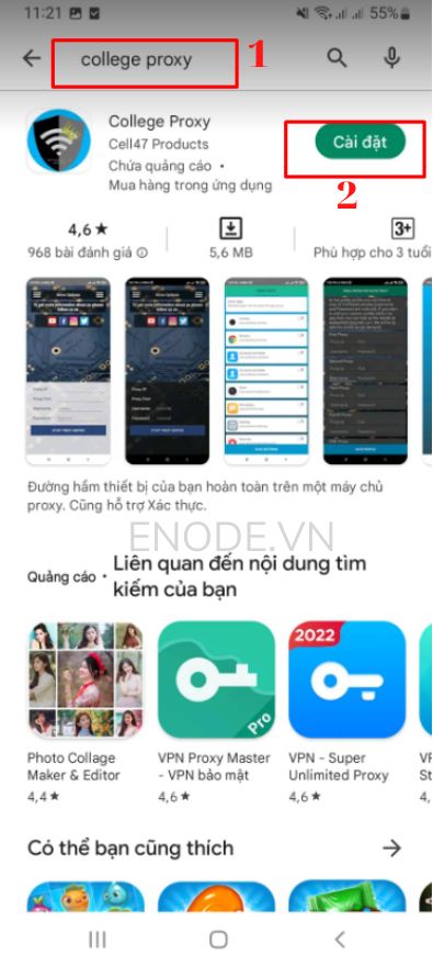 Tìm kiếm ứng dụng “College Proxy” và tải về