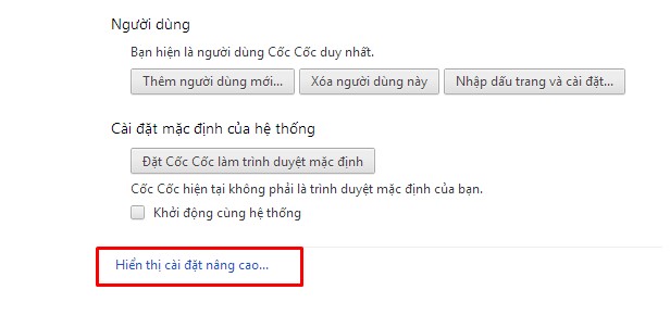 Chọn mục hiển thị cài đặt nâng cao