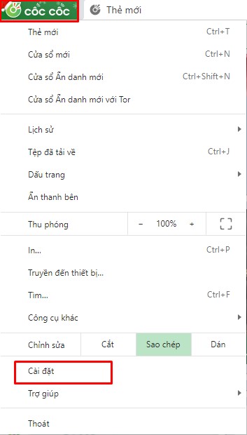 Vào phần cài đặt trên Cốc Cốc