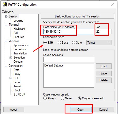 Điền thông tin VPS Linux PuTTY Configuration