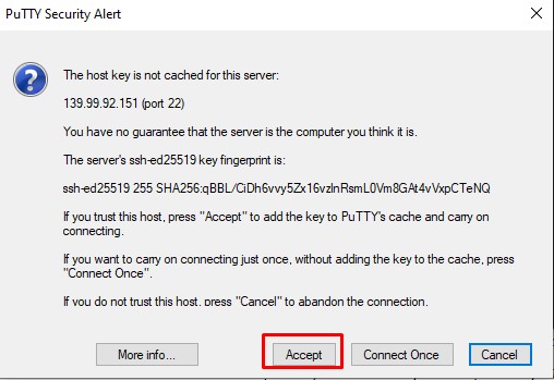 Nhấn Accept để tiếp tục cách đăng nhập VPS Linux