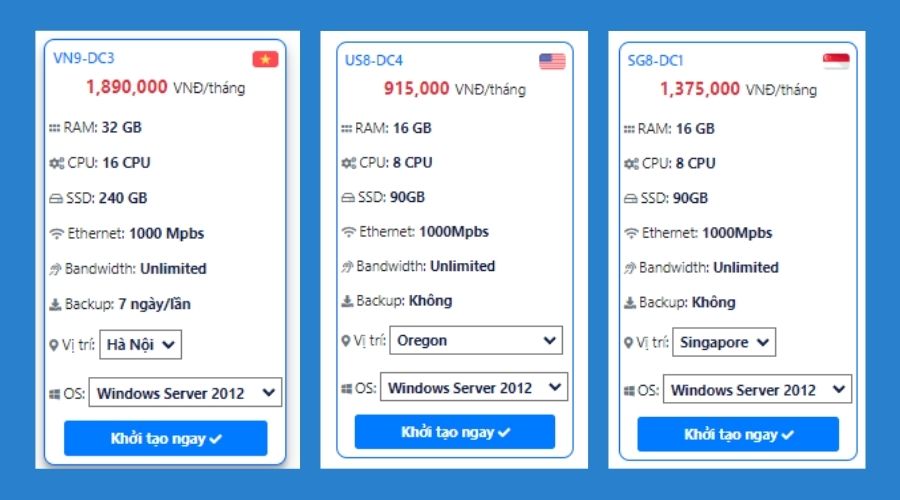Tham khảo bảng giá VPS cấu hình khủng của một số quốc gia