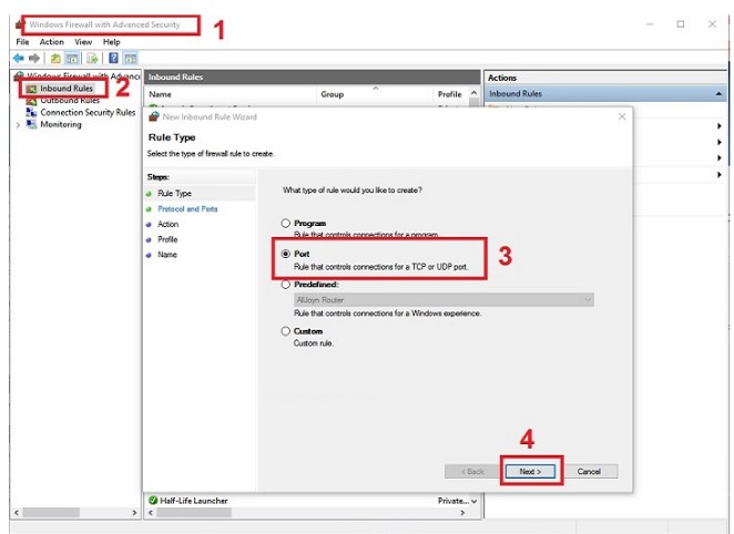 Mở trình quản lý Windows Firewall With Advanced Security