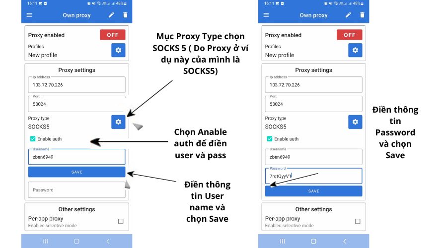 Chọn cổng và điền thông tin Username Password
