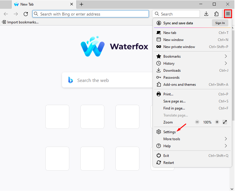 Mở trình duyệt Waterfox và chọn cài đặt