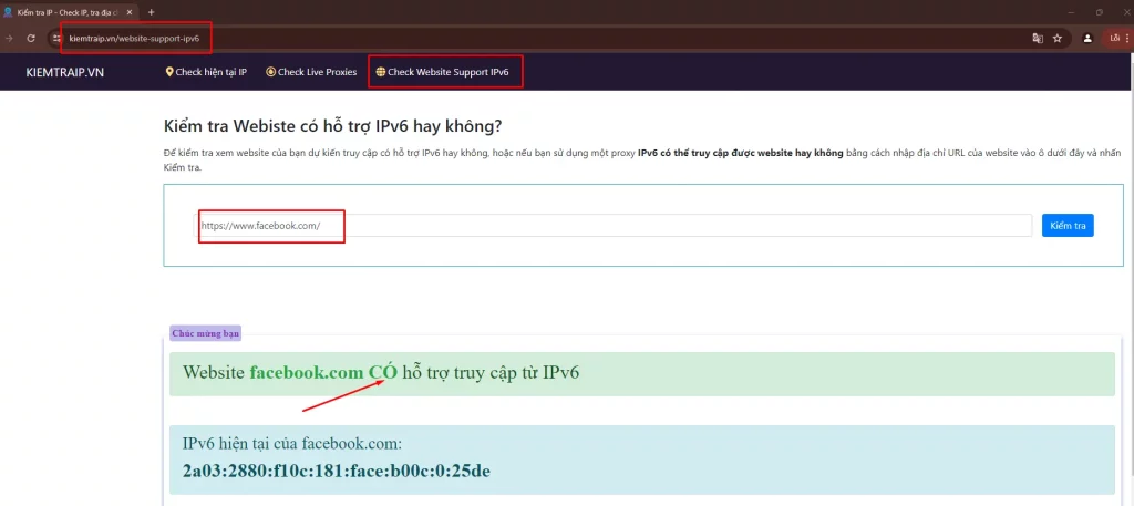 Check website website support IPv6 trên trang kiemtraip