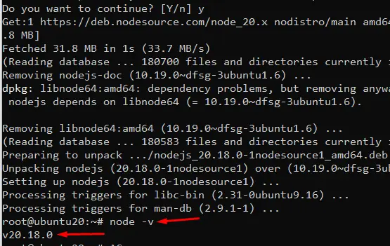 Cài đặt thành công Node.js 20 trên VPS Ubuntu 20.04