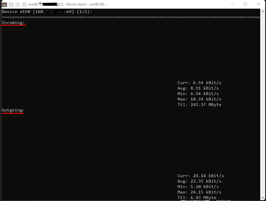 Kết quả khi giám sát băng thông mạng trên VPS Ubuntu 20.04 với Nload